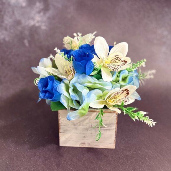 Faux Floral Arrangement in Rustic Wooden Box – Home or Office Decor - Picture 5 of 8